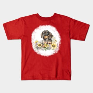 Dachshund Puppy Laying In Flowers Kids T-Shirt